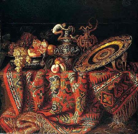 Jacques Hupin A still life of peaches, grapes and pomegranates in a pewter bowl, an ornate ormolu plate and ewers, all resting on a table draped with a carpet oil painting image
